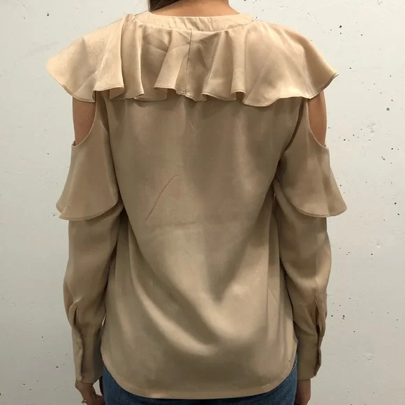 Cream/Champagne Cold Shoulder Ruffle Top - Picture 2 of 6